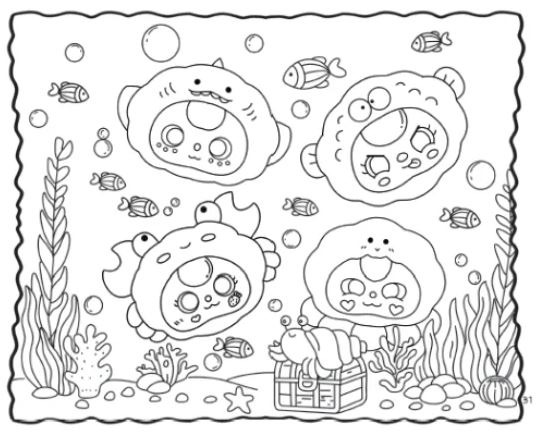 4 hình tô màu Baby Three hải sản dưới biển