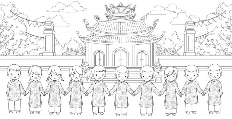 Tranh tô màu các bạn nhỏ đén đền Hùng