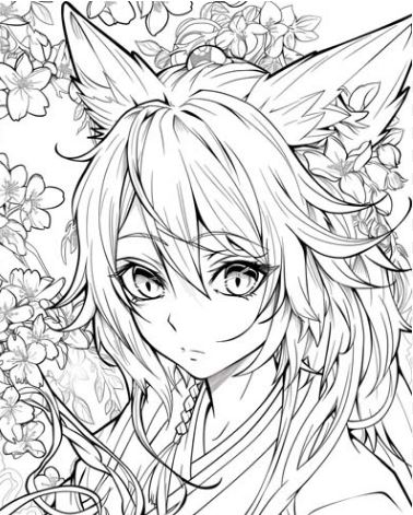 Tranh tô màu anime hồ ly có tai cáo đặc trưng