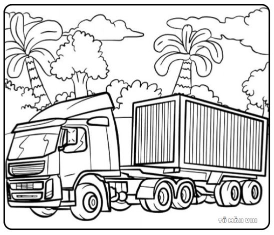 Tranh tô màu xe container trong rừng