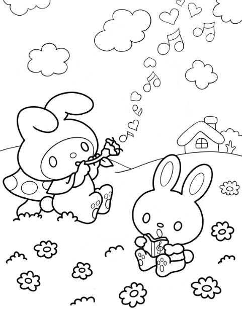 Tranh tô màu My Melody trên cỏ hoa