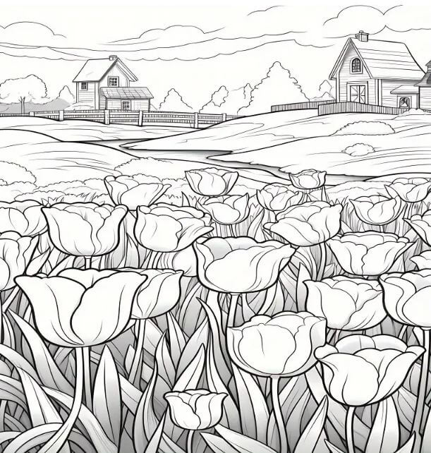 Tô màu hoa Tulip ở đồng quê