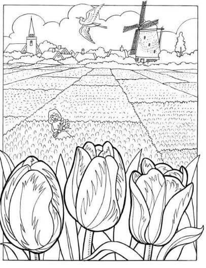 Cánh đồng hoa tulip cần tô màu