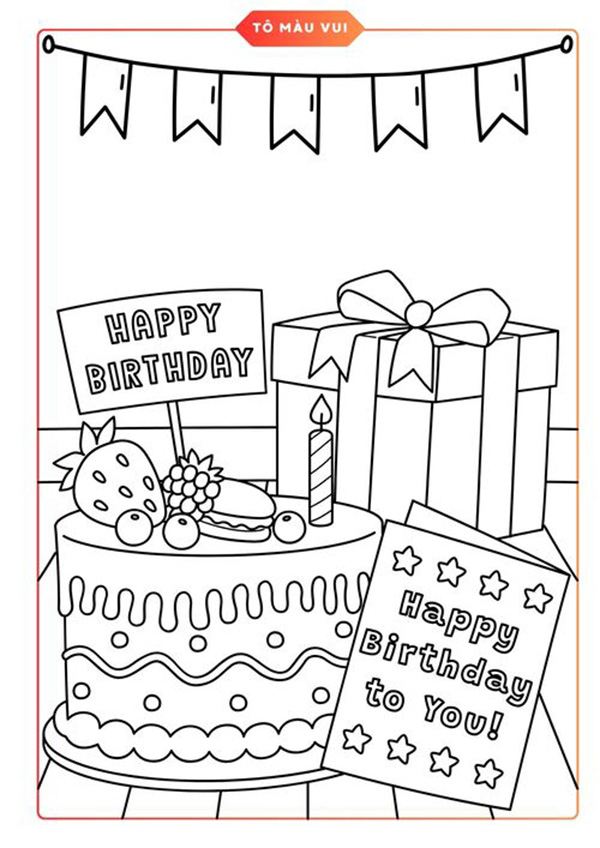 tranh tô màu bánh sinh nhật đáng yêu