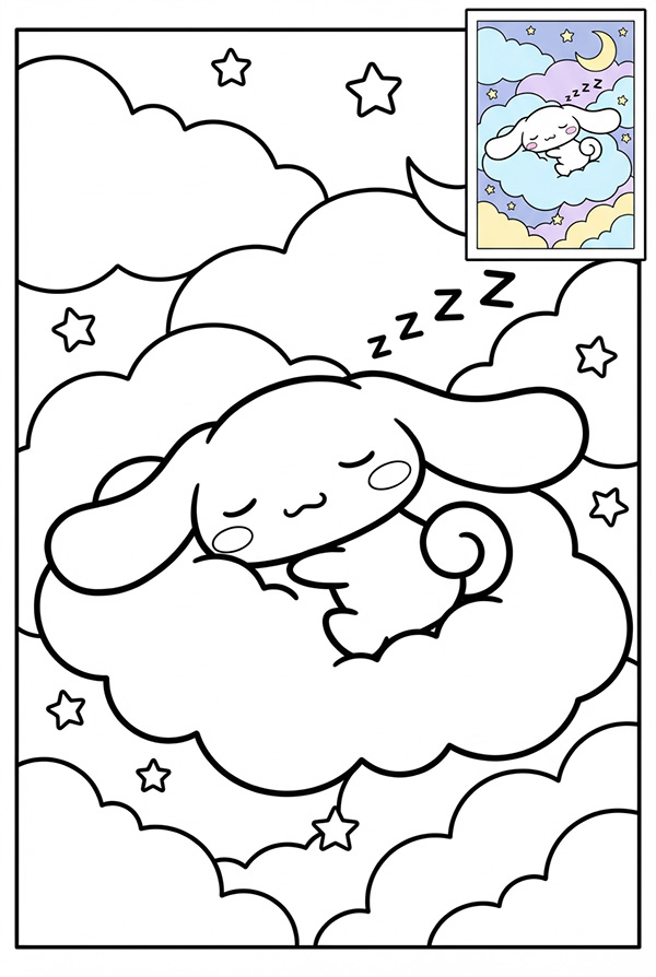 Tranh tô màu Cinnamoroll ngủ trên đám mây