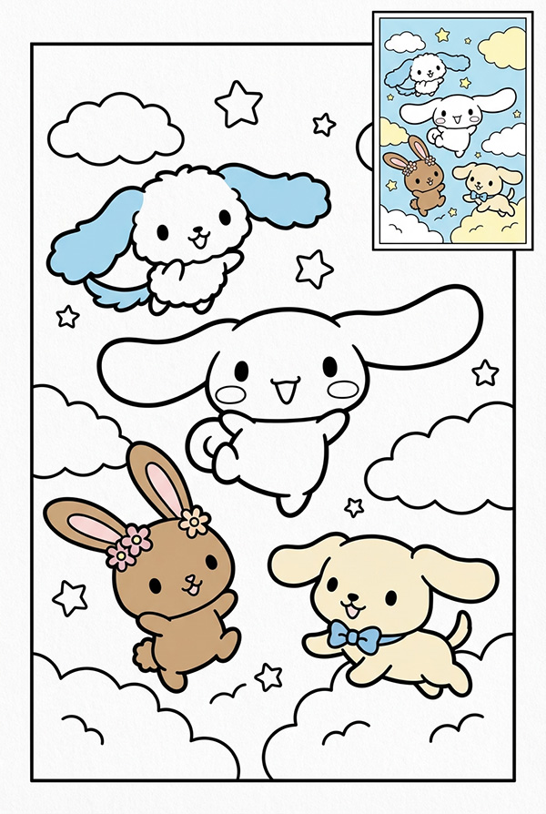 Tranh tô màu Cinnamoroll cùng các bạn