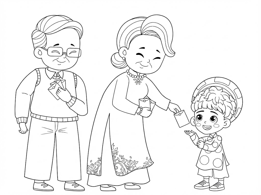 Hình tô màu bé chúc Tết và nhận lì xì năm mới 2026