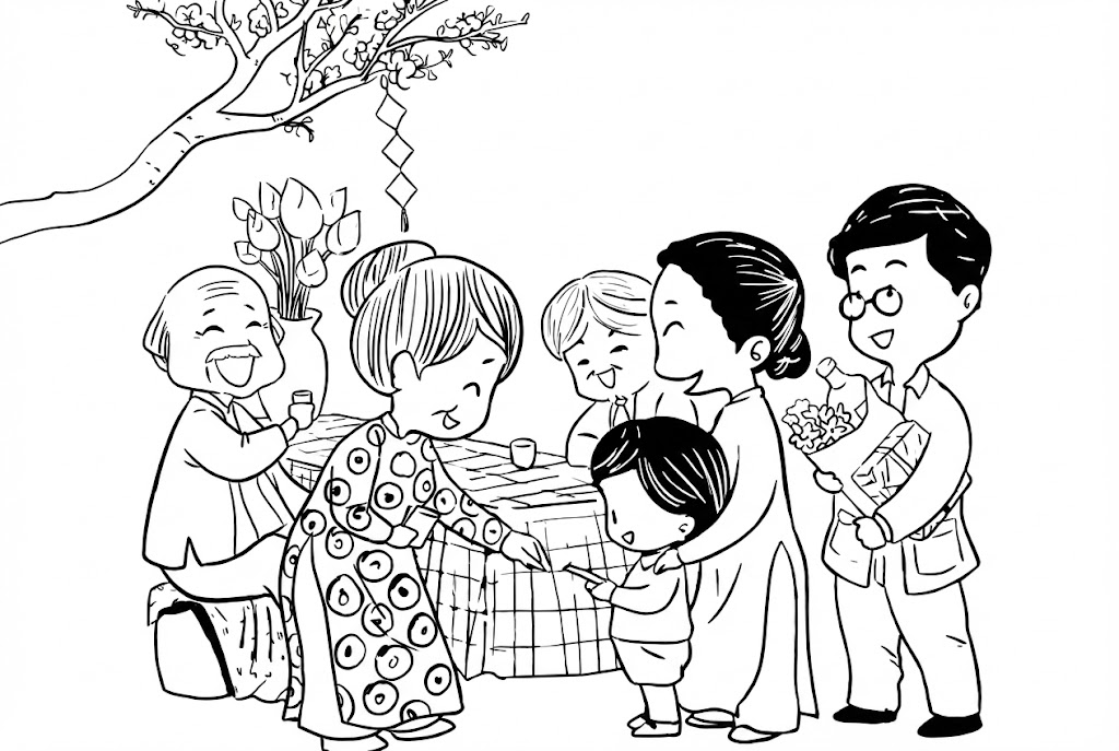 Tranh tô màu gia đình lì xì đầu xuân