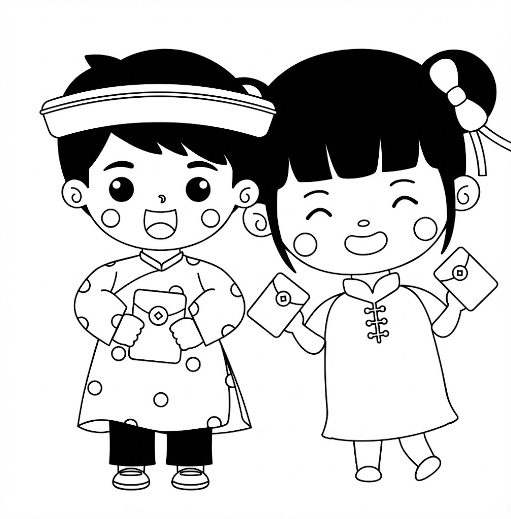 Tô màu bé trai bé gái cầm lì xì