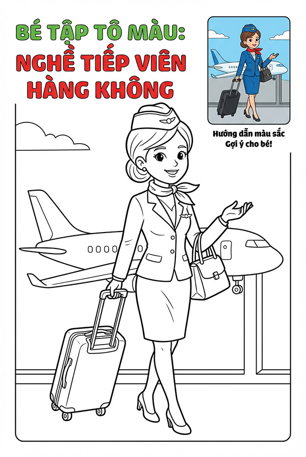 tranh tô màu nghề tiếp viên hàng không